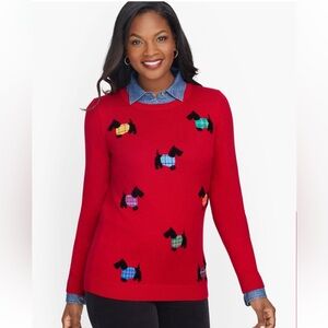 Talbots Embroidered Red & Black Scottish Dogs Cotton Blend Sweater